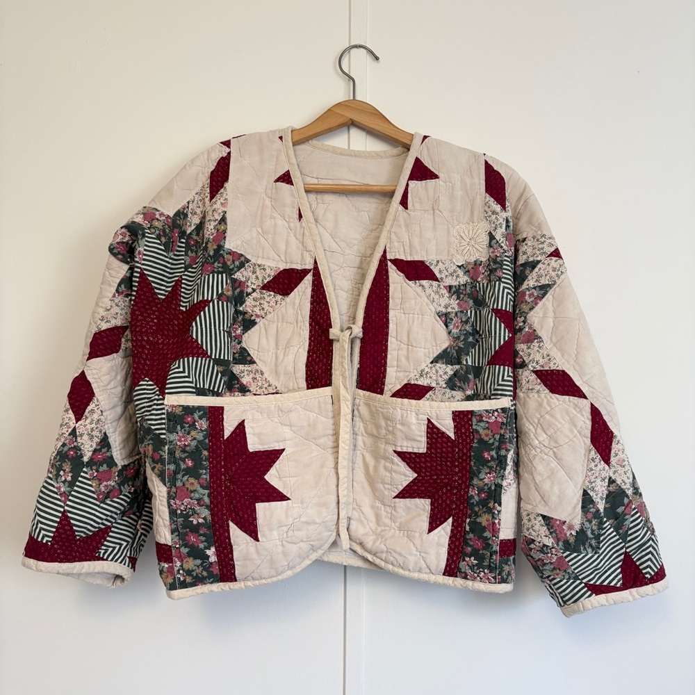 Hand Crafted Quilted Patchwork Jacket in Cream and Burgundy